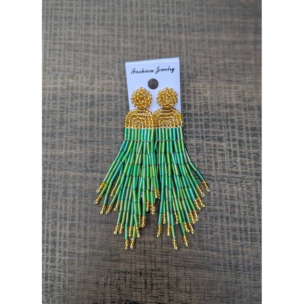 Green Beaded Tassel Earrings Fashion Jewelry